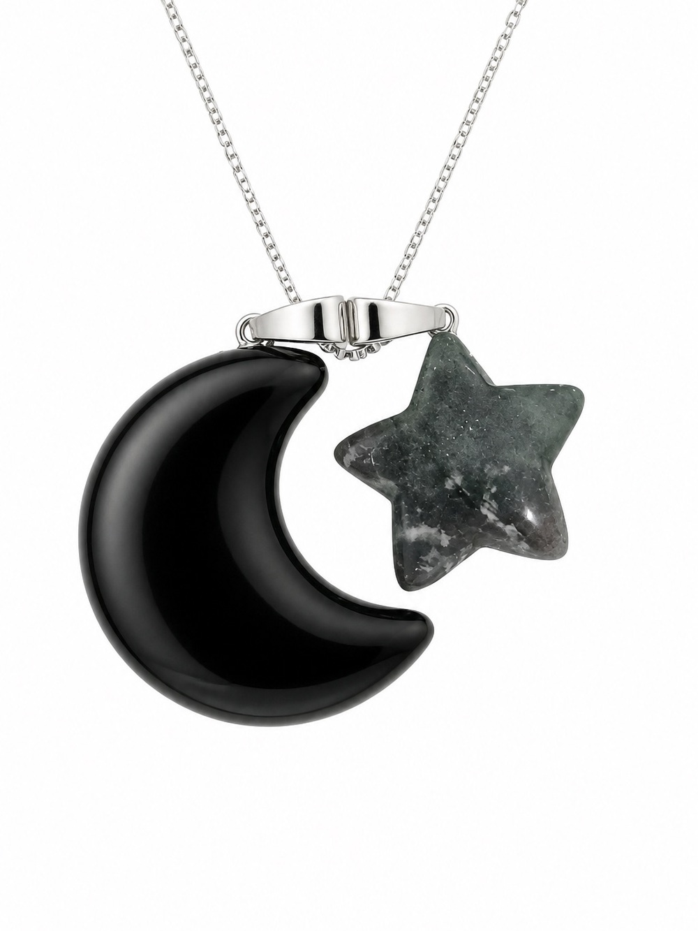 Boho hippie Onyx Moon and Green Jasper Star ⭐️ Sterling Silver 16” Necklace